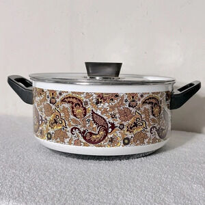Vintage Enamelware Brown Fancipans Stew Pot With Lid